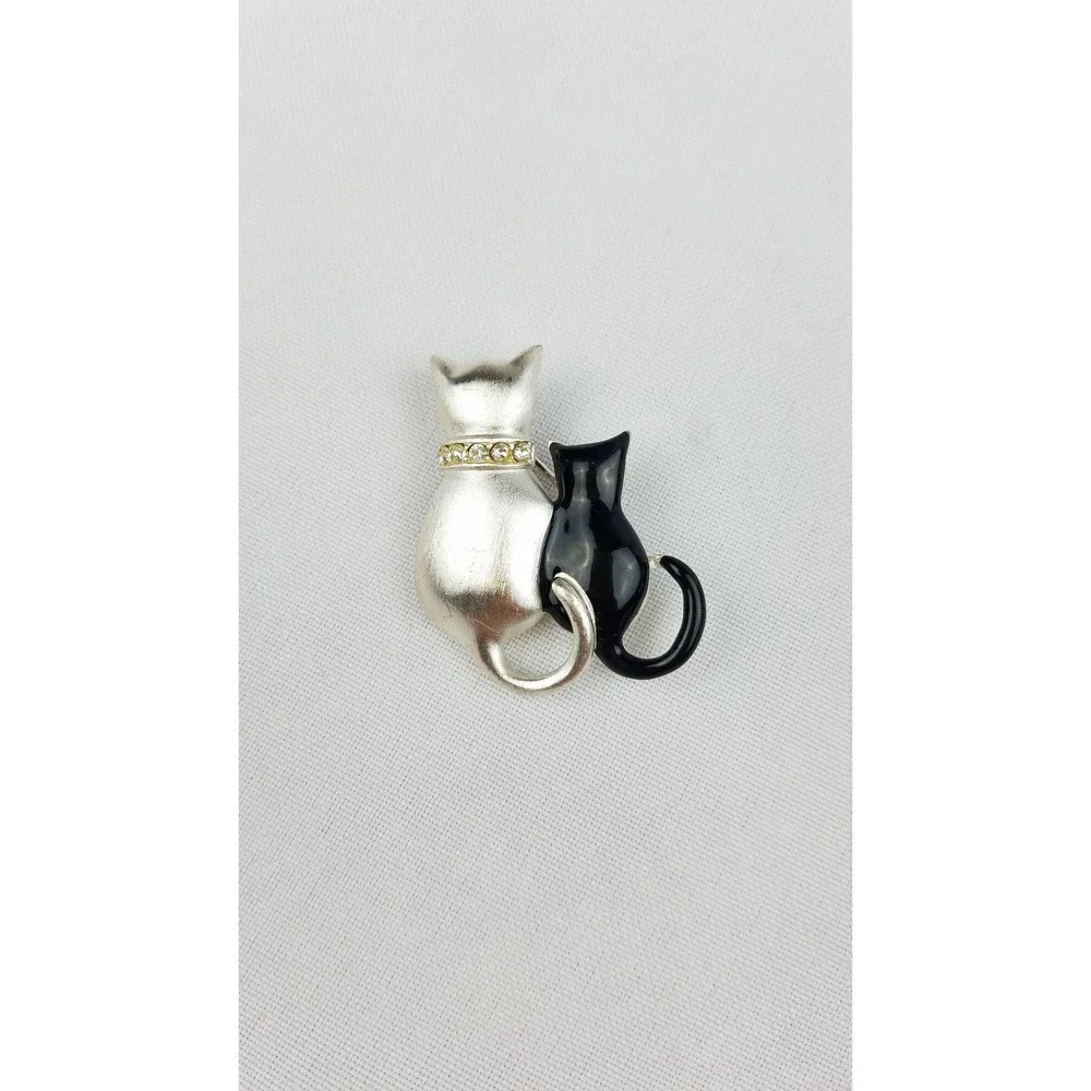 Vintage enamel‎ two cats brooch silver tone black kitten
